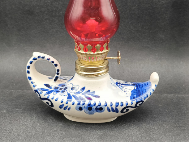 Лампа с фитилем винтажная Delft Blue Holland, в комплекте масло для лампы, ручная роспись, фарфор, Голландия, 1960-70гг.