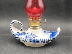 Лампа с фитилем винтажная Delft Blue Holland, в комплекте масло для лампы, ручная роспись, фарфор, Голландия, 1960-70гг.