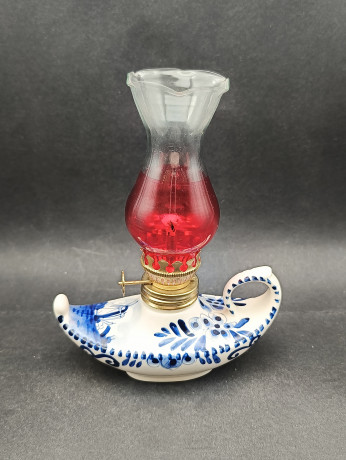 Лампа с фитилем винтажная Delft Blue Holland, в комплекте масло для лампы, ручная роспись, фарфор, Голландия, 1960-70гг.