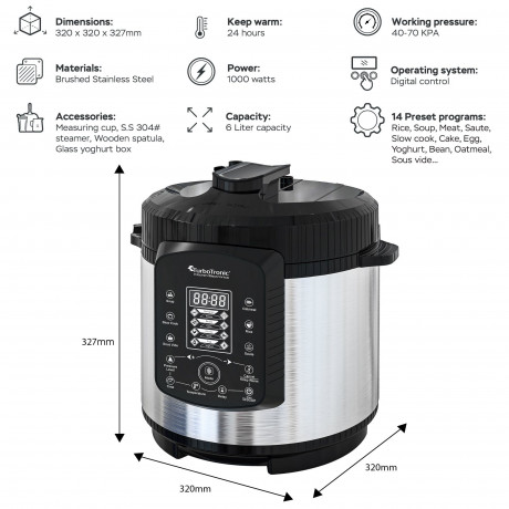 TurboTronic by Z-Line TurboTronic by Z-Line Multikocher 6L mit 2x Topf Edelstahltopf und beschichtet, PLASTIKFREI Silber, 1000 W, Dampfdrucktopf Elektrischer Schnellkochtopf Dampfgarer Schwarz Мультиварка TurboTronic by Z-Line 6л с 2 кастрюлями из нержаве