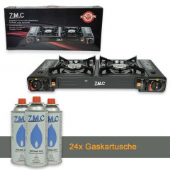 ZMC ZMC Gaskocher Doppel Kartuschenkocher Gaskocher 2 Flammig + 24x Gaskartuschen 227g, (mit automatische Piezo-Zundung Warmeleistung: 2,3KW), Outdoor Gas Campingkocher 2Fach Gasherd Ofen Butan Kochfeld Gas Kocher  Газовая плита ZMC с двойным картриджем, 