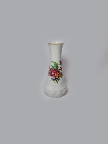 Creidlitz Bavaria Фарфоровая белая ваза с позолоченным ободком и ярким рисунком "Красные цветы", 22смx10см, Германия, 1960-70гг.
