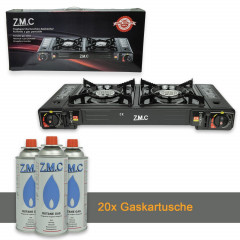 ZMC ZMC Gaskocher Doppel Kartuschenkocher Gaskocher 2 Flammig + 20x Gaskartuschen 227g, (mit automatische Piezo-Zundung Warmeleistung: 2,3KW), Outdoor Gas Campingkocher 2Fach Gasherd Ofen Butan Kochfeld Gas Kocher  Газовая плита ZMC с двойным картриджем, 