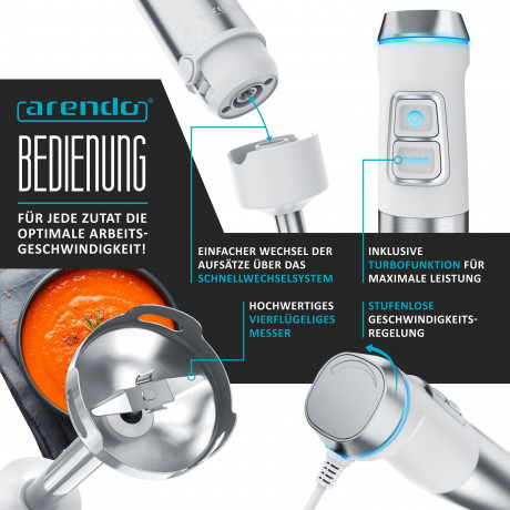 Arendo Arendo Stabmixer, 1200 W, Set, Edelstahl, Purierstab, stufenlos, inkl. 800 ml Messbecher silber/schwarz Ручной блендер Arendo, 1200 Вт, набор, нержавеющая сталь, стержень для пюре, бесступенчатый, включая мерный стакан 800 мл