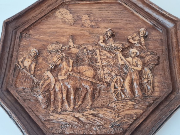 German Wood Винтажное деревянное панно "Сенокос", ручная работа, 23см, Германия 1950-60гг.