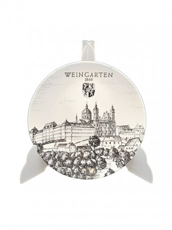 Тарелка декоративная в бело-черных тонах Altenkunststadt "Аббатство Вайнгартен (1860)" винтажная, фарфор, 17 см, Германия, 1960-70гг.