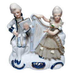 German porcelain, Немецкая винтажная фарфоровая статуэтка рококо &quot;Музыканты с арфой&quot; 12см, 1960-70гг.