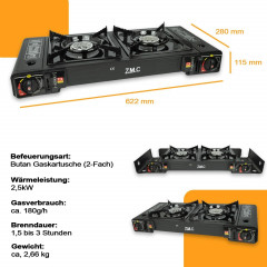ZMC ZMC Gaskocher Doppel Kartuschenkocher Gaskocher 2 Flammig + 8x Gaskartuschen 227g, (mit automatische Piezo-Zundung Warmeleistung: 2,3KW), Outdoor Gas Campingkocher 2Fach Gasherd Ofen Butan Kochfeld Gas Kocher  Газовая плита ZMC с двумя картриджами, га