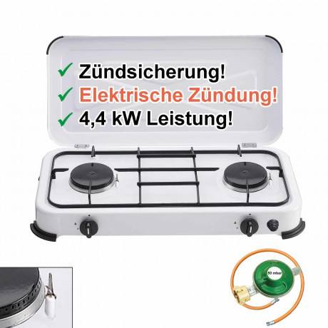 BlueCraft BlueCraft Gaskocher, (Gas-Kochfeld 2 flammen Propangas mit Schlauch und Druckminderer), Campingkocher 2-flammig, mit Zundsicherung und elektrischer Zundung  Газовая плита BlueCraft, (газовая плита, 2 пламени, пропан, со шлангом и редуктором), по