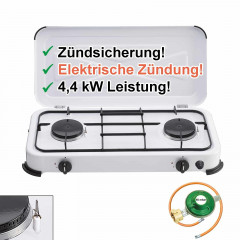 BlueCraft BlueCraft Gaskocher, (Gas-Kochfeld 2 flammen Propangas mit Schlauch und Druckminderer), Campingkocher 2-flammig, mit Zundsicherung und elektrischer Zundung  Газовая плита BlueCraft, (газовая плита, 2 пламени, пропан, со шлангом и редуктором), по