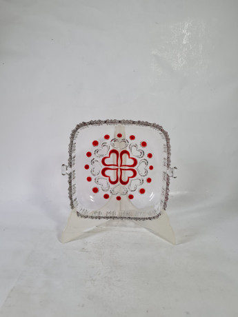 Фруктовница винтажная Walther Glas, квадратная, с красным декором, стекло, 19 х 16.5 см, Германия, 1970-80гг.