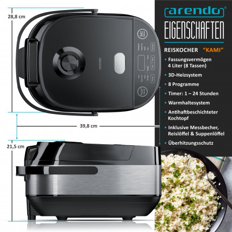 Arendo Arendo Reiskocher, 800 W, Multikocher, Dampfgarer, 3D Heizsystem, 8 Programme, Warmhaltefunktion Рисоварка Arendo, 800 Вт, мультиварка, пароварка, система подогрева 3D, 8 программ, функция поддржания тепла
