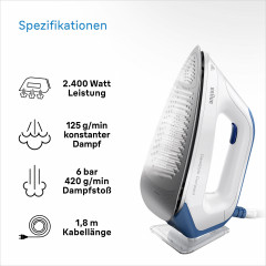 Braun Braun Dampfbugelstation CareStyle Compact IS2143BL, 1500 ml Wassertank, blau, max. Dampfmenge 420g/min, Ruckwartsbugeln uber Knopfe  Паровая гладильная станция Braun CareStyle Compact IS2143BL, резервуар для воды 1500 мл, синий, максимальное количес