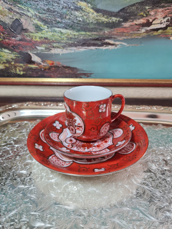 Чайное трио винтажное, фарфор с ярким декором в японском стиле, 8 x 6 см / 11 см / 15 см, Япония, 1960-70гг.