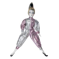 Venice Clown Arlecchino, Венецианская кукла Клоун Арлекин в серебряно-розовом костюме, фарфор, 40см, Италия 1985г