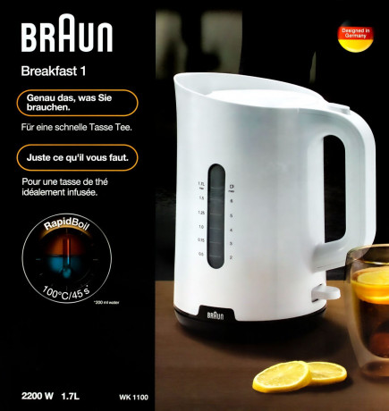 Braun Braun Wasserkocher WK1100WH Wasserkocher weiss/schwarz 1,7L, 2200 Watt Чайник Braun WK1100WH чайник белый/черный 1,7 л, 2200 Вт