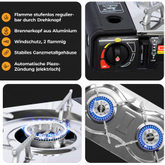 ZMC ZMC Gaskocher Doppel Kartuschenkocher Gaskocher 2 Flammig + 8x Gaskartuschen 227g, (MSF-1a automatische Piezo-Zundung (elektrisch) Herd Butangas), Outdoor Gas Campingkocher 2Fach Gasherd Ofen Butan Kochfeld Gas Kocher  Газовая плита ZMC с двойным карт