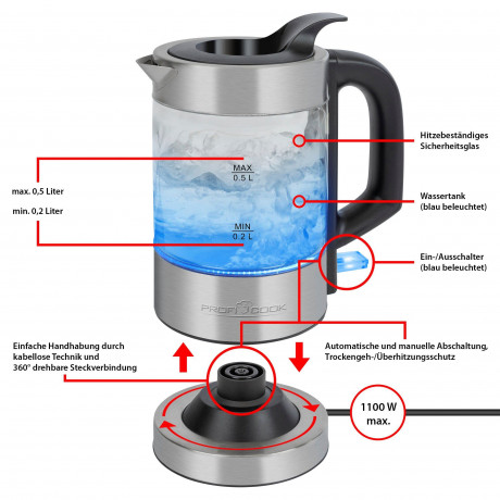 ProfiCook ProfiCook Wasserkocher PC-WKS 1228 G inox, Glas, 360°, 0,5 l, 1100 W  Чайник ProfiCook PC-WKS 1228 G inox, стекло, 360°, 0,5 л, 1100 Вт