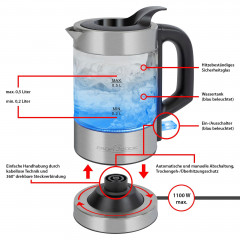 ProfiCook ProfiCook Wasserkocher PC-WKS 1228 G inox, Glas, 360°, 0,5 l, 1100 W  Чайник ProfiCook PC-WKS 1228 G inox, стекло, 360°, 0,5 л, 1100 Вт