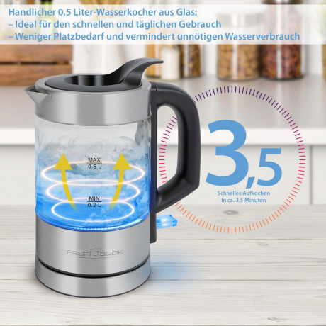 ProfiCook ProfiCook Wasserkocher PC-WKS 1228 G inox, Glas, 360°, 0,5 l, 1100 W  Чайник ProfiCook PC-WKS 1228 G inox, стекло, 360°, 0,5 л, 1100 Вт