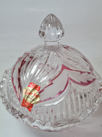 Чаша с крышкой винтажная Anna Hutte, хрусталь с красным декором, 15 x 13 см, Германия, 1960-70гг.