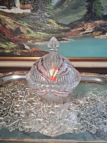 Чаша с крышкой винтажная Anna Hutte, хрусталь с красным декором, 15 x 13 см, Германия, 1960-70гг.