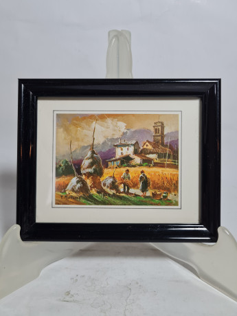 Картина винтажная Martocell "Мужчины в стогах", в раме, 15 х 12 см, Германия, 1980-90гг.