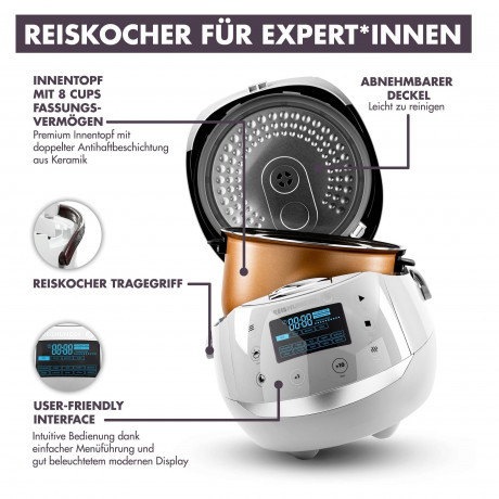 Reishunger Reishunger Reiskocher Digitaler Reiskocher  Dampfgarer, 860 W, Timer- und Warmhaltefunktion, 7-Kochphasen-Technologie, LED-Display Grau mit Kochbuch Рисоварка Reishunger цифровая рисоварка-пароварка, 860 Вт, таймер и функция поддержания тепла,