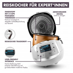 Reishunger Reishunger Reiskocher Digitaler Reiskocher  Dampfgarer, 860 W, Timer- und Warmhaltefunktion, 7-Kochphasen-Technologie, LED-Display Grau mit Kochbuch Рисоварка Reishunger цифровая рисоварка-пароварка, 860 Вт, таймер и функция поддержания тепла,
