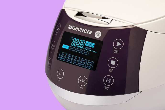 Reishunger Reishunger Reiskocher Digitaler Reiskocher  Dampfgarer, 860 W, Timer- und Warmhaltefunktion, 7-Kochphasen-Technologie, LED-Display Grau mit Kochbuch Рисоварка Reishunger цифровая рисоварка-пароварка, 860 Вт, таймер и функция поддержания тепла,