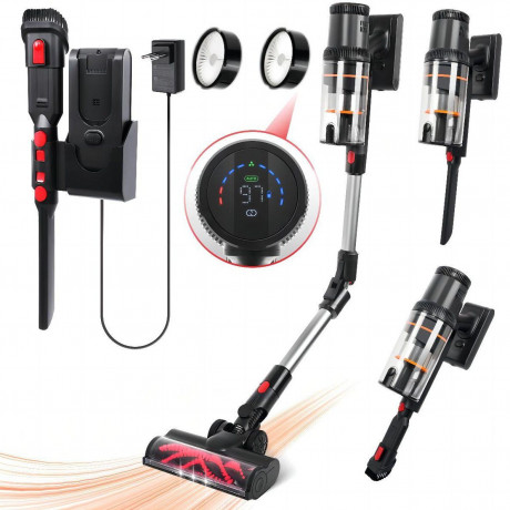 7Magic 7Magic Akku-Hand-und Stielstaubsauger, 450 W, 30000 Pa Starke Saugleistung, Laufzeit max. 60min, Faltbarer Staubsauger, 6-stufiges HEPA Filtrierung, LED Anti-Tangle Elektroburste, Abnehmbarer Akku, Wandhalterung, fur Tierhaare/Fussboden/Teppiche, 0