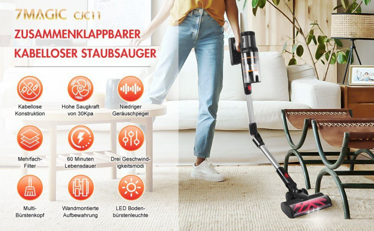 7Magic 7Magic Akku-Hand-und Stielstaubsauger, 450 W, 30000 Pa Starke Saugleistung, Laufzeit max. 60min, Faltbarer Staubsauger, 6-stufiges HEPA Filtrierung, LED Anti-Tangle Elektroburste, Abnehmbarer Akku, Wandhalterung, fur Tierhaare/Fussboden/Teppiche, 0