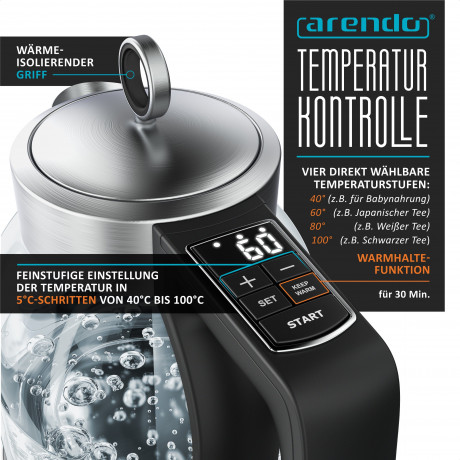 Arendo Arendo Wasserkocher, 1,7 l, 2000 W, Glas  Edelstahl, Temperatureinstellung, 360° Basis, Warmhaltefunktion  Чайник Arendo, 1,7 л, 2000 Вт, стекло нержавеющая сталь, регулировка температуры, подставка на 360°, функция поддержания тепла
