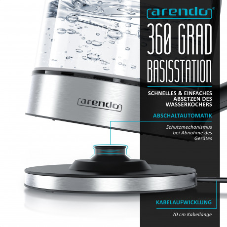 Arendo Arendo Wasserkocher, 1,7 l, 2000 W, Glas  Edelstahl, Temperatureinstellung, 360° Basis, Warmhaltefunktion  Чайник Arendo, 1,7 л, 2000 Вт, стекло нержавеющая сталь, регулировка температуры, подставка на 360°, функция поддержания тепла