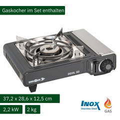 BRUNNER BRUNNER Gaskocher BRUNNER DEVIL SD NG Camping Gaskocher Set Zundsicherung, Vielseitig, (Gaskocher + Grillplatte)  Газовая плиа BRUNNER BRUNNER DEVIL SD NG комплект газовых плит для кемпинга предохранитель зажигания, универсальный, (газовая плита +