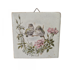 Панно винтажное Wlo &quot;Птицы с розами / Х. Арнот&quot;, керамика, 10 x 10 см, Германия, 1960-70гг.