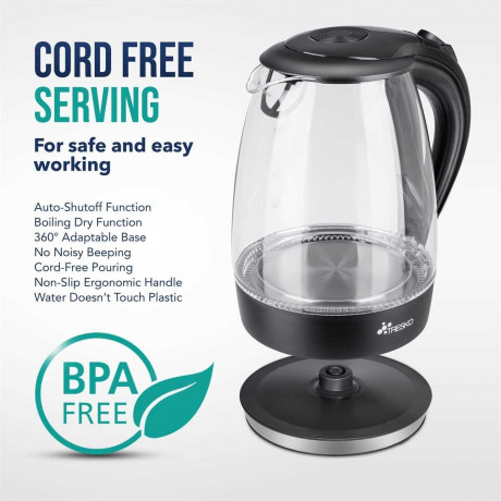 TRESKO TRESKO Wasserkocher 1,7 l 2200 W Glas Wasserkocher LED-Beleuchtung / BPA -frei, 1,7 l, 2200 W, / 360° Edelstahl Sockel / Abschaltautomatik / Filter Чайник TRESKO 1,7 л, 2200 Вт стеклянный чайник со светодиодной подсветкой / без BPA, 1,7 л, 2200 Вт