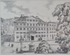 Картина в раме винтажная в черно-белых тонах &quot;Шарлоттенплац&quot; Brukner Stuttgart, 31,5 x 42 см, Германия, 1960-70гг.