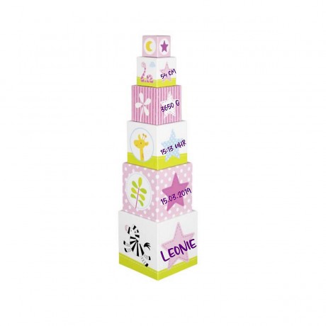 goki Stapelwurfel \/ Stapelturm Safari rosa mit Name personalisiert Штабелируемые кубики / штабелирующая башня Сафари розовый персонализированный с именем