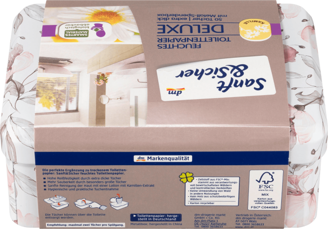 Sanft&Sicher Feuchtes Toilettenpapier Deluxe Kamille Box, Влажная Туалетная бумага Ромашка	 Запасная упаковка + Box, 50 шт