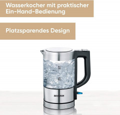 Severin Severin Wasserkocher SEVERIN Mini Glas Wasserkocher 0,5L, Edelstahl-geburstet, max. 1100 W, schwarz, WK 3499  Чайник Severin Стеклянный мини-чайник SEVERIN 0,5 л, матовая нержавеющая сталь, макс. 1100 Вт, черный, WK 3499