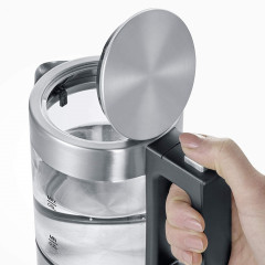 Severin Severin Wasserkocher SEVERIN Mini Glas Wasserkocher 0,5L, Edelstahl-geburstet, max. 1100 W, schwarz, WK 3499  Чайник Severin Стеклянный мини-чайник SEVERIN 0,5 л, матовая нержавеющая сталь, макс. 1100 Вт, черный, WK 3499