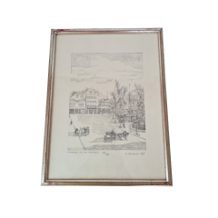 Картина в раме винтажная в черно-белых тонах &quot;Старая площадь&quot; Brukner Stuttgart, 31,5 x 42 см, Германия, 1960-70гг.