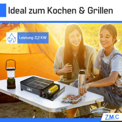 ZMC ZMC Gaskocher 2-in-1 Gaskocher inkl. Zubehor, Camping-Kocher mit 4x Gaskartuschen, (mit Grillplatte + Grillrost, stufenlos regulierbar, Tischgrill), mit Tragekoffer, 3,8kg, Piezo-Zundung Warmeleistung: 2,2KW  Газовая плита ZMC Газовая плита 2-в-1, вкл