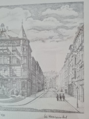 Картина в раме винтажная в черно-белых тонах &quot;Фонтан&quot; Brukner Stuttgart, 31,5 x 42 см, Германия, 1960-70гг.