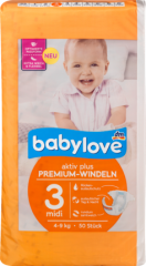 babylove aktiv plus midi 4-9kg, Premium-Подгузники Размер миди 4-9кг, 50 шт