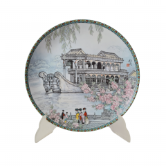 Художественная декоративная тарелка винтажная Imperial Jingdezhen Poreclain, Императорский фарфор, разноцветный декор &quot;Набережная&quot;, в заводской коробке, 22 см, Китай, 1988г.