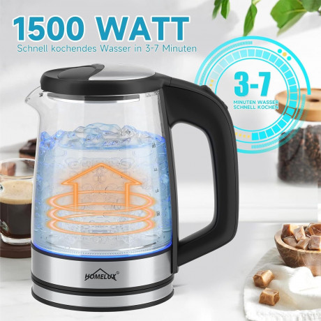 HOMELUX HOMELUX Wasserkocher Wasserkocher Glas 1500 Watt 1,8 L, Electric Kettle Mit Led-Beleuchtung, 1.8 l, 1500,00 W, Glas wasserkocher Edelstahl, Wasser Kocher Bpa Frei, 360° Basis HOMELUX Стеклянный чайник 1500 Вт, 1,8 л, Электрический чайник со свето