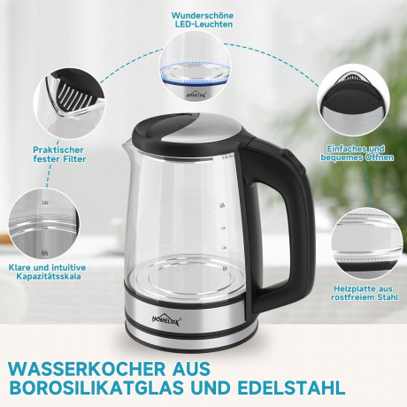 HOMELUX HOMELUX Wasserkocher Wasserkocher Glas 1500 Watt 1,8 L, Electric Kettle Mit Led-Beleuchtung, 1.8 l, 1500,00 W, Glas wasserkocher Edelstahl, Wasser Kocher Bpa Frei, 360° Basis HOMELUX Стеклянный чайник 1500 Вт, 1,8 л, Электрический чайник со свето