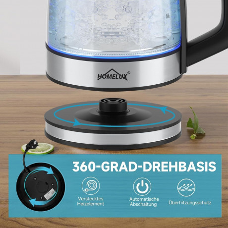 HOMELUX HOMELUX Wasserkocher Wasserkocher Glas 1500 Watt 1,8 L, Electric Kettle Mit Led-Beleuchtung, 1.8 l, 1500,00 W, Glas wasserkocher Edelstahl, Wasser Kocher Bpa Frei, 360° Basis HOMELUX Стеклянный чайник 1500 Вт, 1,8 л, Электрический чайник со свето